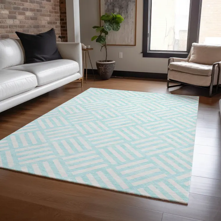 10' X 14' Aqua And Ivory Geometric Washable Indoor Outdoor Area Rug
