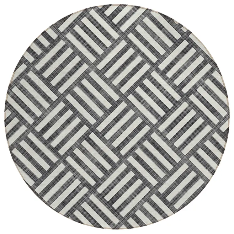 8' Black And Ivory Round Geometric Washable Indoor Outdoor Area Rug