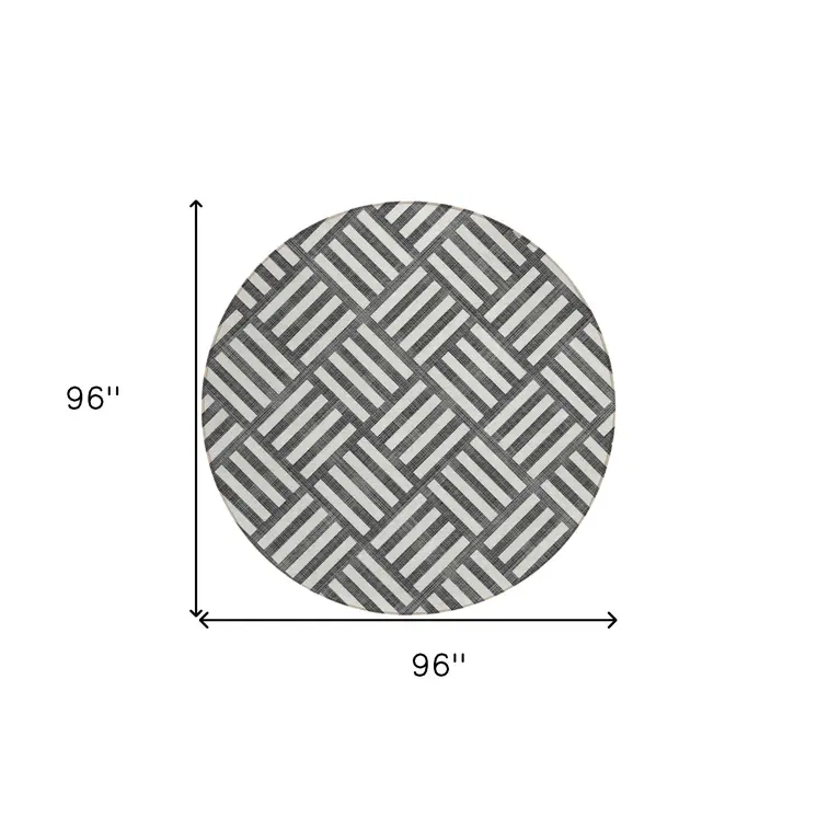 8' Black And Ivory Round Geometric Washable Indoor Outdoor Area Rug