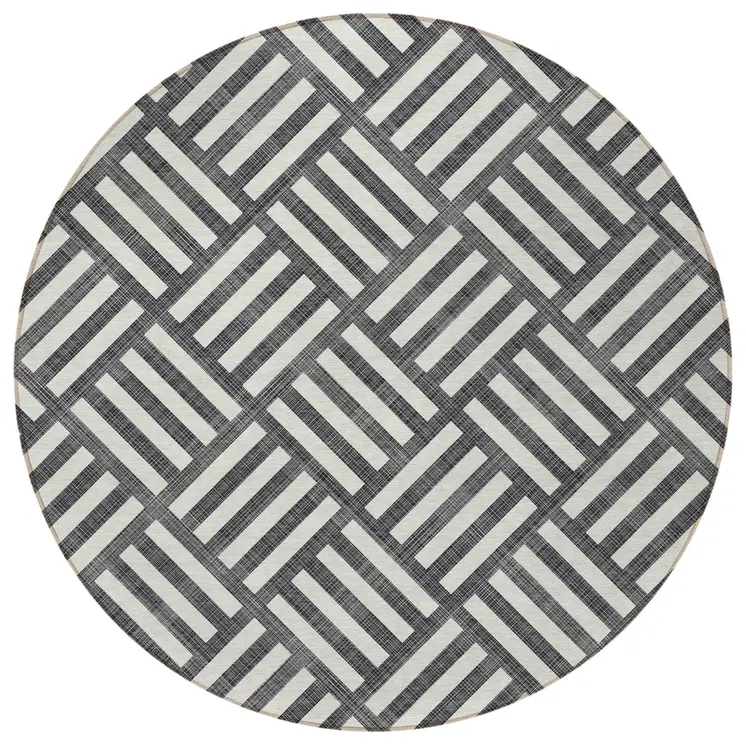 8' Black And Ivory Round Geometric Washable Indoor Outdoor Area Rug