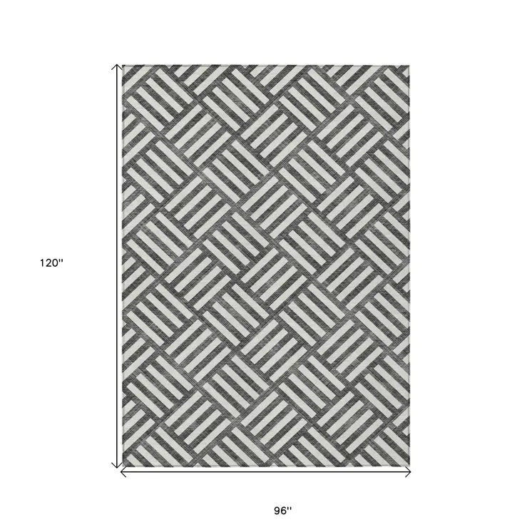 8' X 10' Black And Ivory Geometric Washable Indoor Outdoor Area Rug