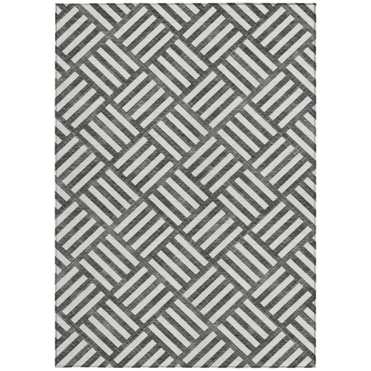 10' X 14' Black And Ivory Geometric Washable Indoor Outdoor Area Rug