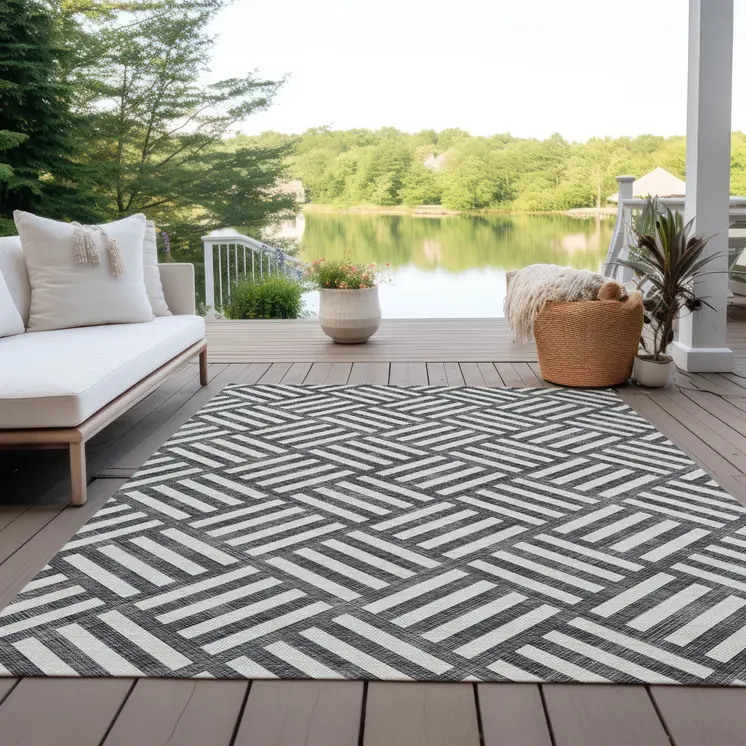 10' X 14' Black And Ivory Geometric Washable Indoor Outdoor Area Rug