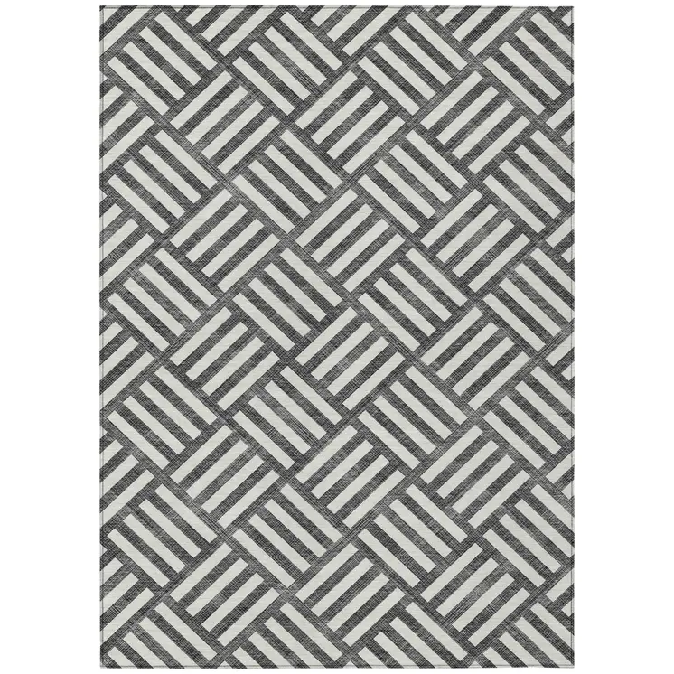 10' X 14' Black And Ivory Geometric Washable Indoor Outdoor Area Rug