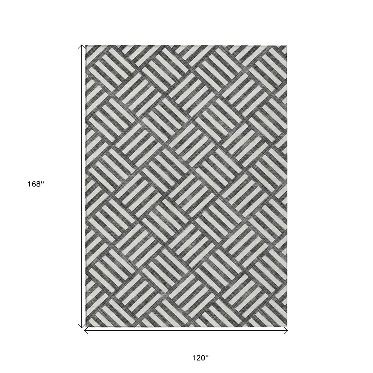 10' X 14' Black And Ivory Geometric Washable Indoor Outdoor Area Rug