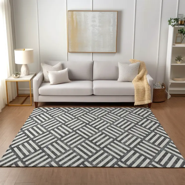 10' X 14' Black And Ivory Geometric Washable Indoor Outdoor Area Rug