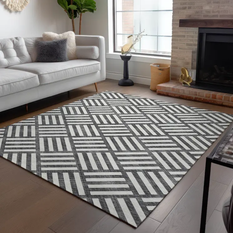 10' X 14' Black And Ivory Geometric Washable Indoor Outdoor Area Rug