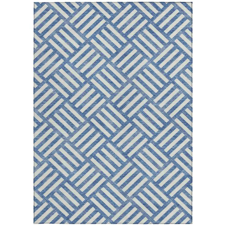 5' X 8' Blue And Ivory Geometric Washable Indoor Outdoor Area Rug
