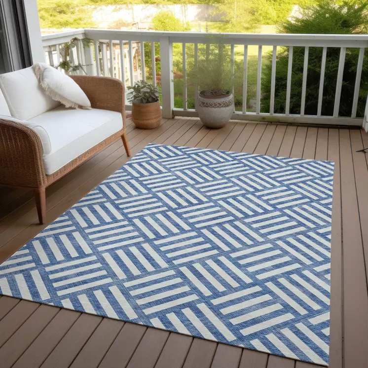 5' X 8' Blue And Ivory Geometric Washable Indoor Outdoor Area Rug