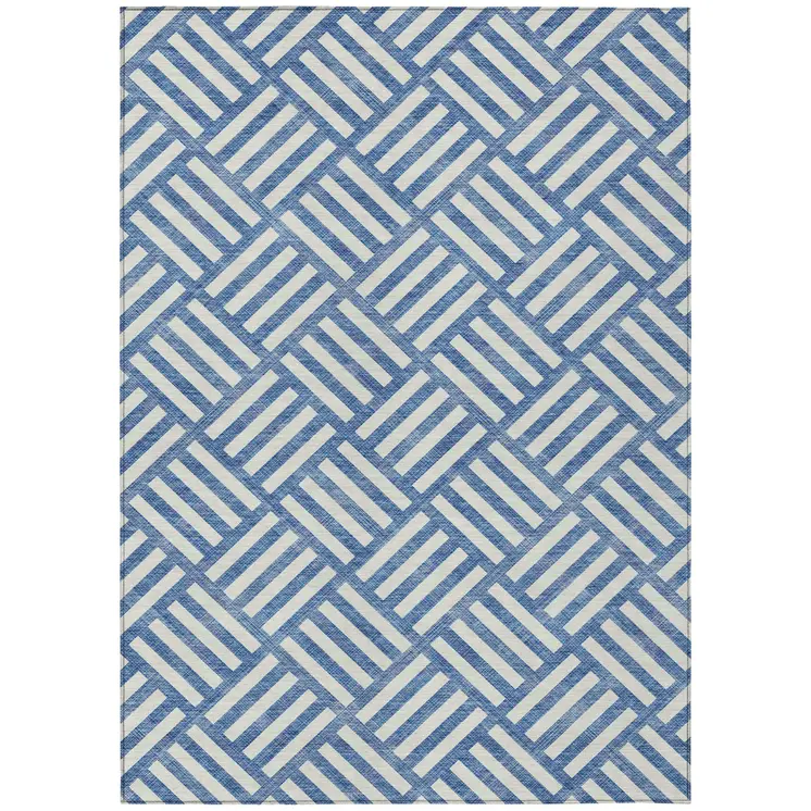 5' X 8' Blue And Ivory Geometric Washable Indoor Outdoor Area Rug