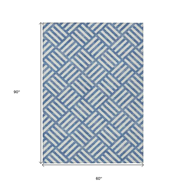 5' X 8' Blue And Ivory Geometric Washable Indoor Outdoor Area Rug