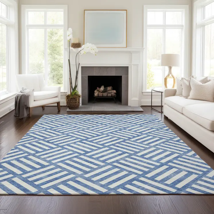 5' X 8' Blue And Ivory Geometric Washable Indoor Outdoor Area Rug