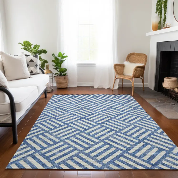 5' X 8' Blue And Ivory Geometric Washable Indoor Outdoor Area Rug