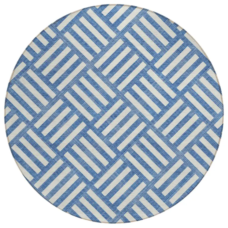 8' Blue And Ivory Round Geometric Washable Indoor Outdoor Area Rug