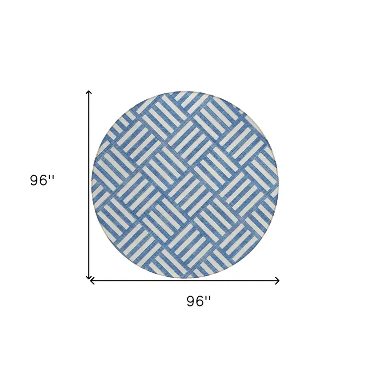 8' Blue And Ivory Round Geometric Washable Indoor Outdoor Area Rug