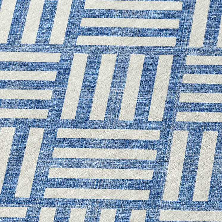 8' Blue And Ivory Round Geometric Washable Indoor Outdoor Area Rug