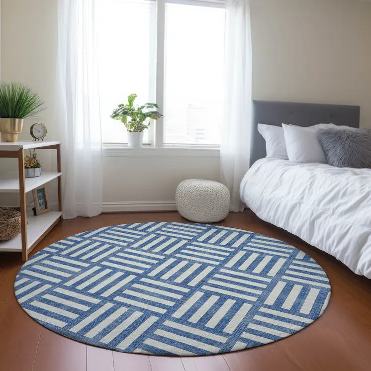 8' Blue And Ivory Round Geometric Washable Indoor Outdoor Area Rug