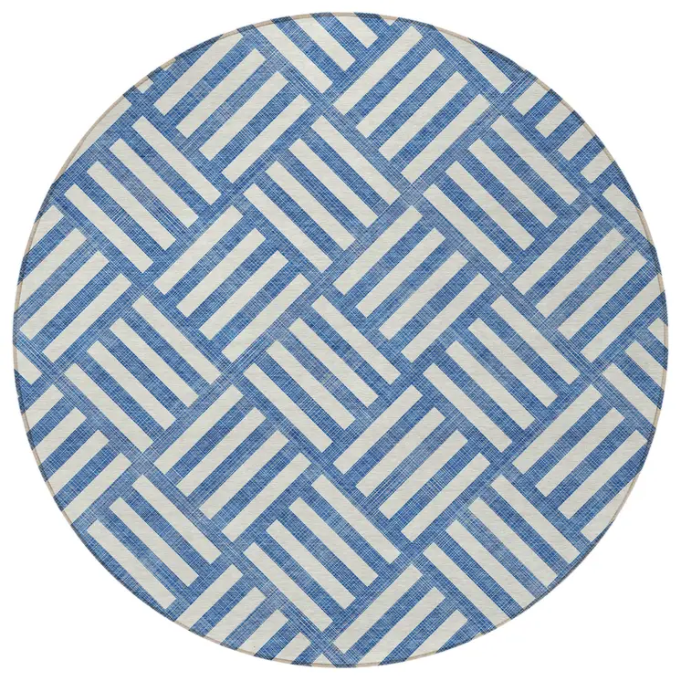8' Blue And Ivory Round Geometric Washable Indoor Outdoor Area Rug