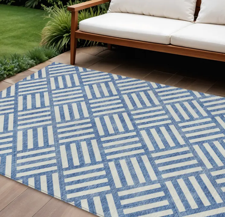 9' X 12' Blue And Ivory Geometric Washable Indoor Outdoor Area Rug