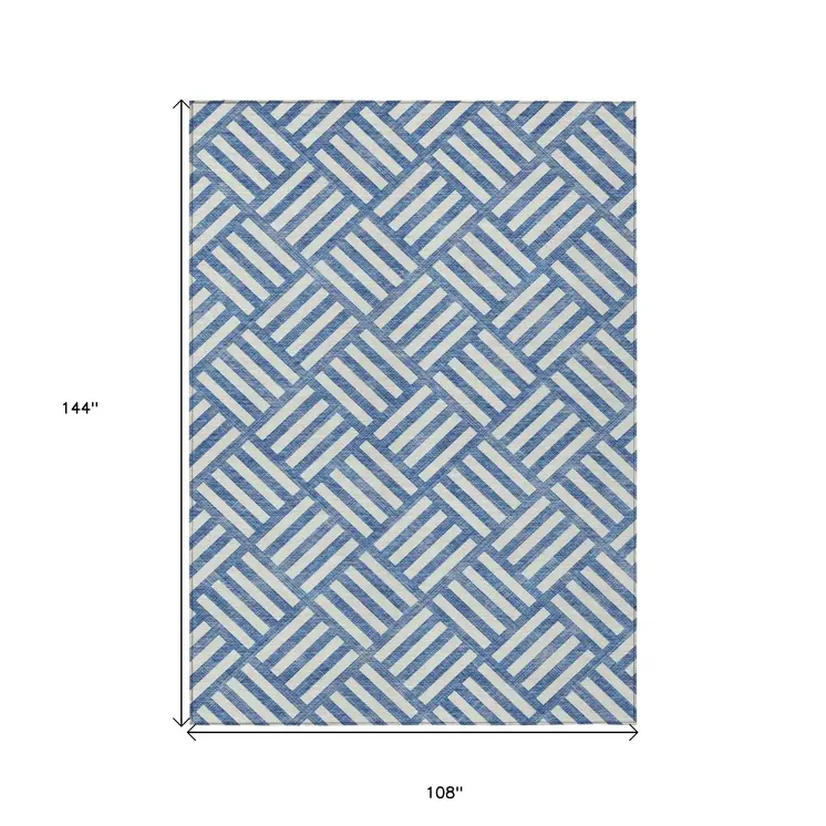 9' X 12' Blue And Ivory Geometric Washable Indoor Outdoor Area Rug