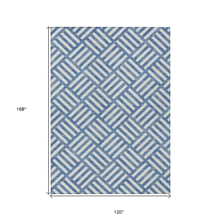 10' X 14' Blue And Ivory Geometric Washable Indoor Outdoor Area Rug
