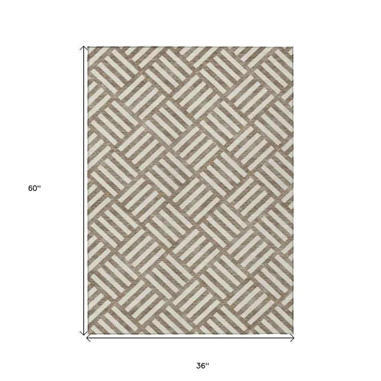3' X 5' Brown And Ivory Geometric Washable Indoor Outdoor Area Rug