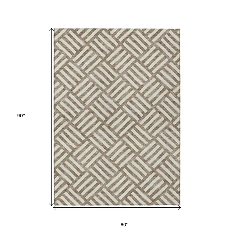 5' X 8' Brown And Ivory Geometric Washable Indoor Outdoor Area Rug