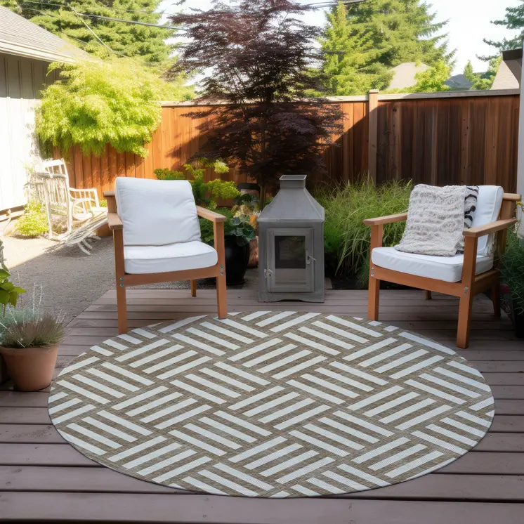 8' Brown And Ivory Round Geometric Washable Indoor Outdoor Area Rug