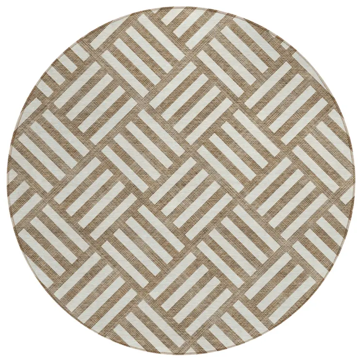 8' Brown And Ivory Round Geometric Washable Indoor Outdoor Area Rug