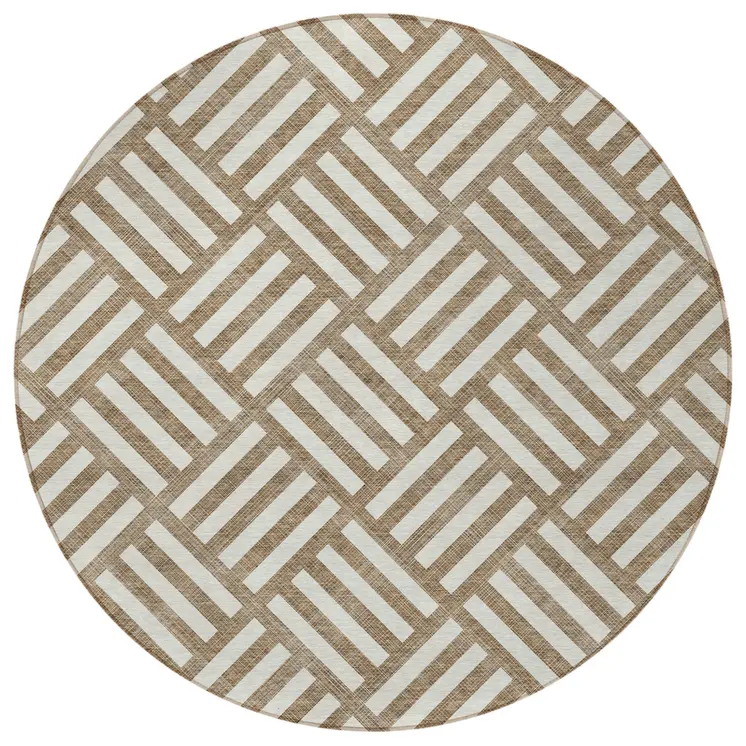 8' Brown And Ivory Round Geometric Washable Indoor Outdoor Area Rug