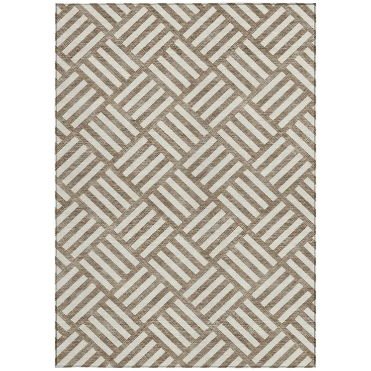 8' X 10' Brown And Ivory Geometric Washable Indoor Outdoor Area Rug