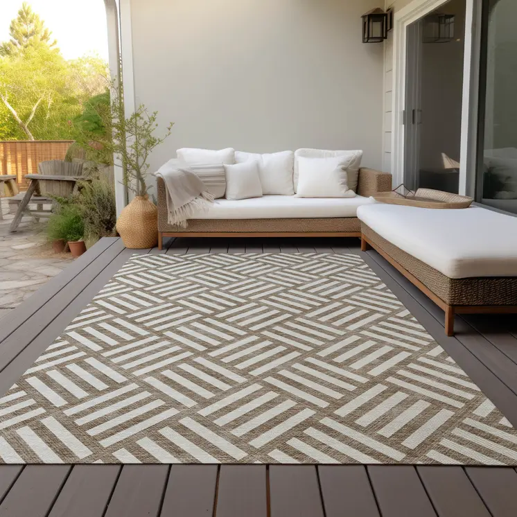 8' X 10' Brown And Ivory Geometric Washable Indoor Outdoor Area Rug