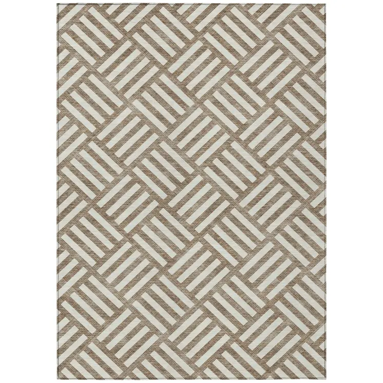 9' X 12' Brown And Ivory Geometric Washable Indoor Outdoor Area Rug