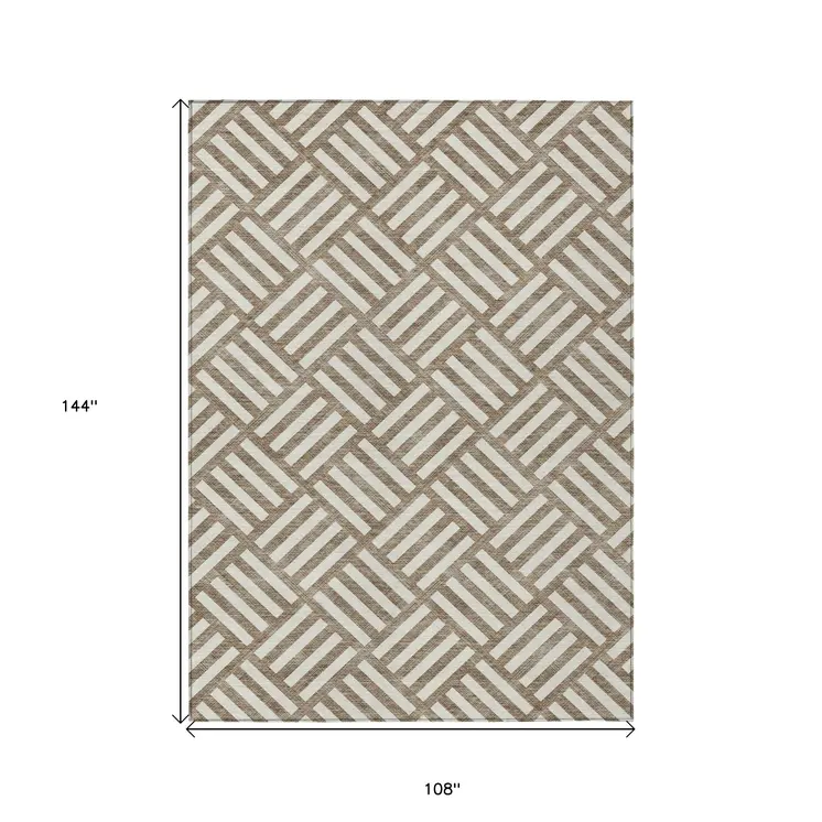 9' X 12' Brown And Ivory Geometric Washable Indoor Outdoor Area Rug