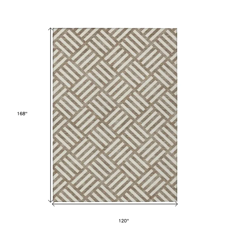 10' X 14' Brown And Ivory Geometric Washable Indoor Outdoor Area Rug