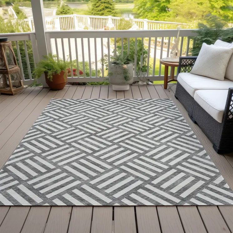 3' X 5' Charcoal And Ivory Geometric Washable Indoor Outdoor Area Rug