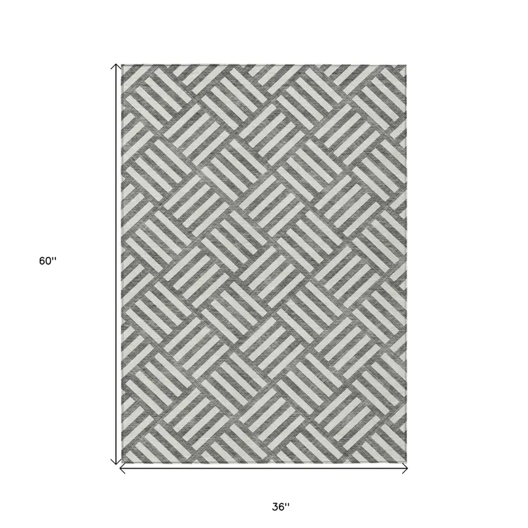 3' X 5' Charcoal And Ivory Geometric Washable Indoor Outdoor Area Rug