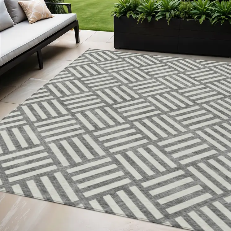 5' X 8' Charcoal And Ivory Geometric Washable Indoor Outdoor Area Rug