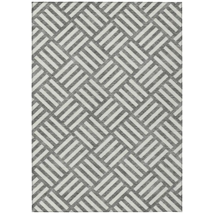 5' X 8' Charcoal And Ivory Geometric Washable Indoor Outdoor Area Rug