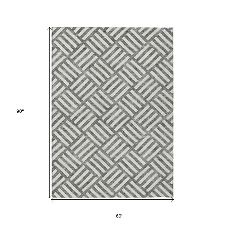 5' X 8' Charcoal And Ivory Geometric Washable Indoor Outdoor Area Rug