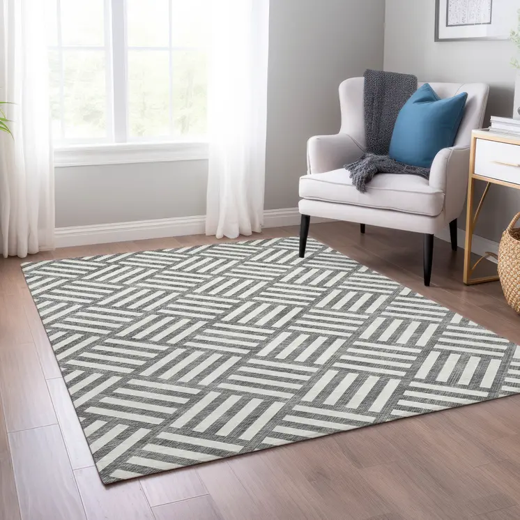 5' X 8' Charcoal And Ivory Geometric Washable Indoor Outdoor Area Rug