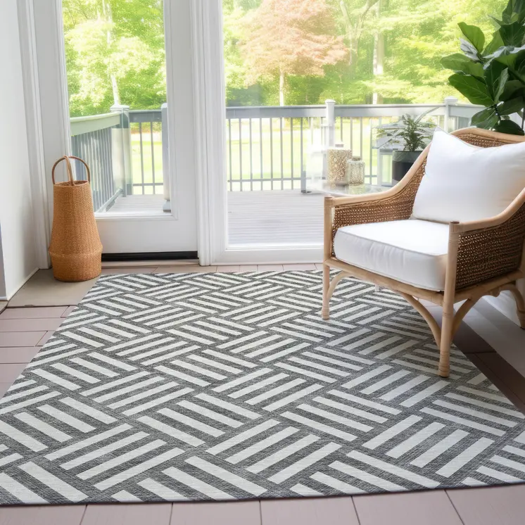 5' X 8' Charcoal And Ivory Geometric Washable Indoor Outdoor Area Rug