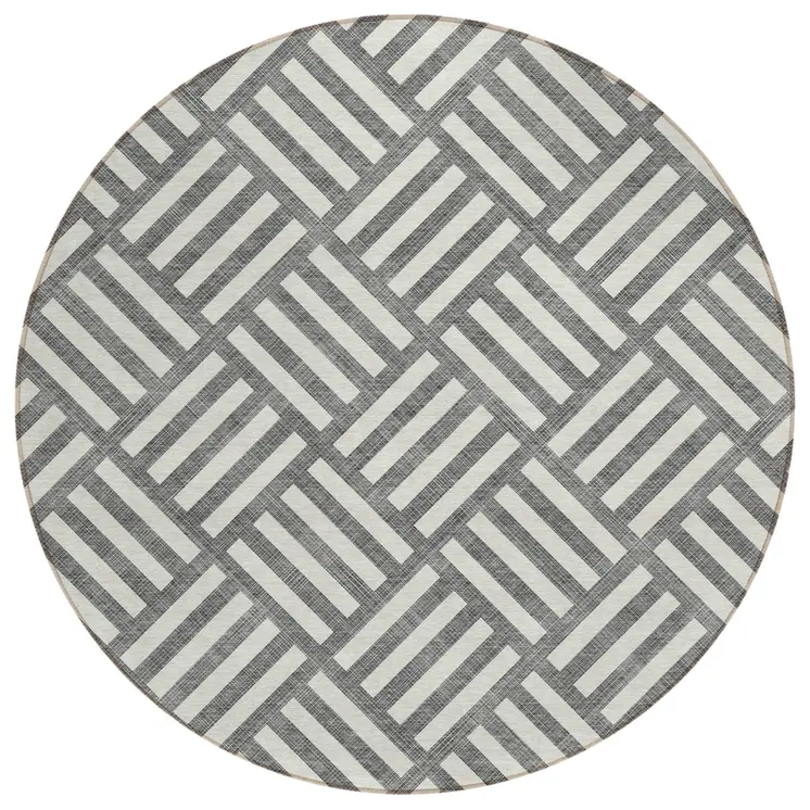 8' Charcoal And Ivory Round Geometric Washable Indoor Outdoor Area Rug