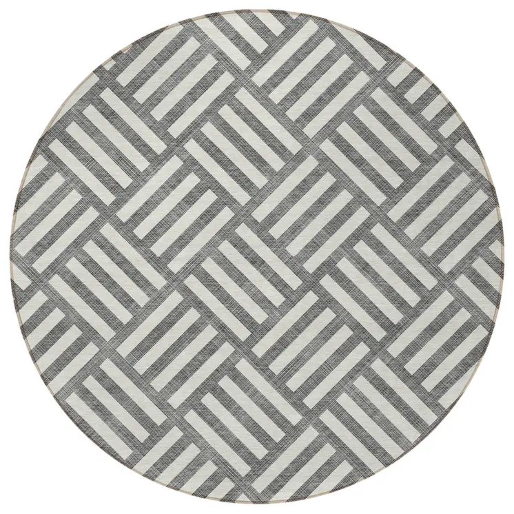 8' Charcoal And Ivory Round Geometric Washable Indoor Outdoor Area Rug