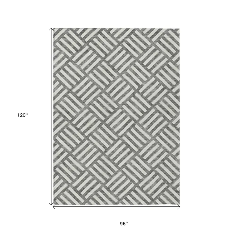 8' X 10' Charcoal And Ivory Geometric Washable Indoor Outdoor Area Rug