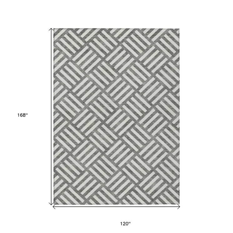 10' X 14' Charcoal And Ivory Geometric Washable Indoor Outdoor Area Rug