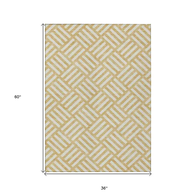 3' X 5' Gold And Ivory Geometric Washable Indoor Outdoor Area Rug
