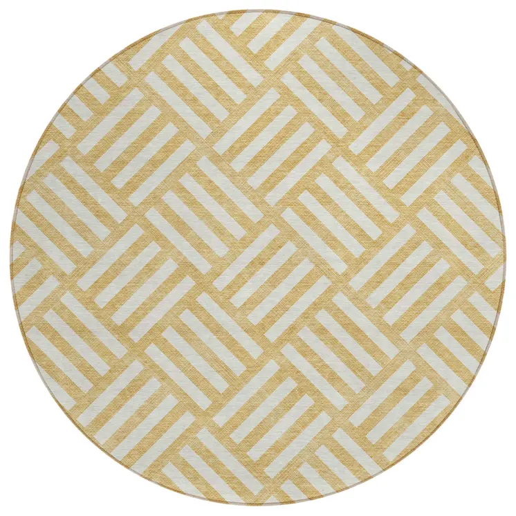 8' Gold And Ivory Round Geometric Washable Indoor Outdoor Area Rug