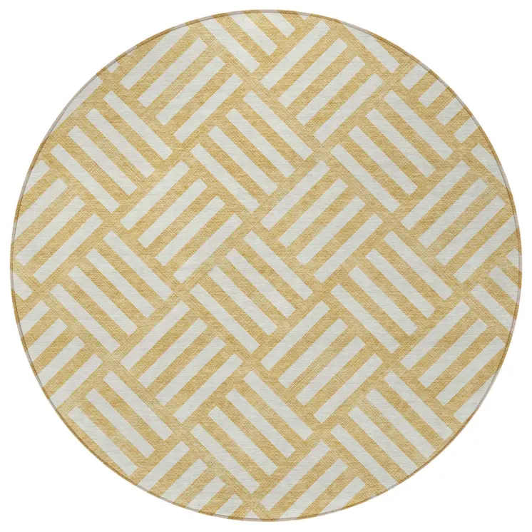 8' Gold And Ivory Round Geometric Washable Indoor Outdoor Area Rug