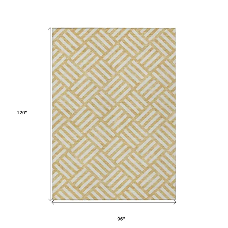 8' X 10' Gold And Ivory Geometric Washable Indoor Outdoor Area Rug